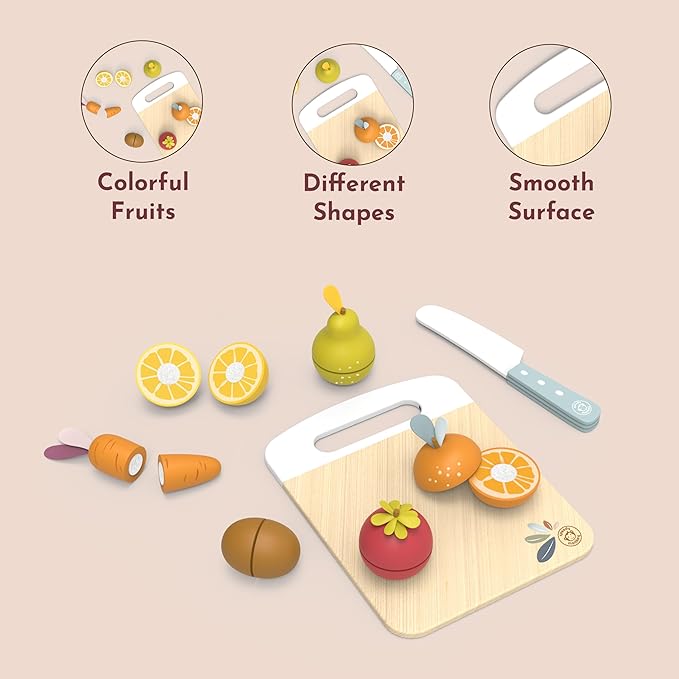 SPEEDY MONKEY Wooden Play Food Set for Toddler – Fruits & Vegetables Cutting Playset, FSC Certified Pretend Food Toy for Kids, Role Play Kitchen Set with Safe Cutting Board & Knife - Bloomnest
