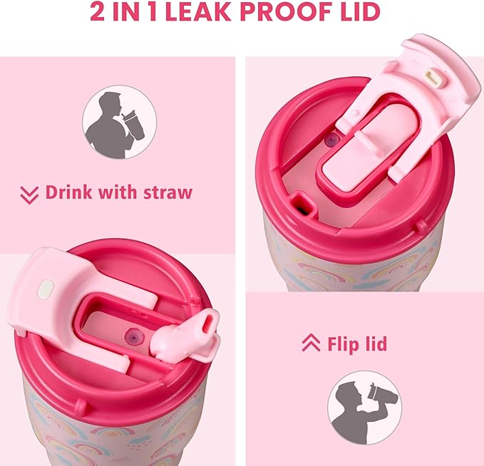 13.5oz Kids Insulated Tumbler with Lid and Straw, BPA-Free Stainless Steel Kids Water Bottle, Leak-Proof& Cupholder Friendly Tumbler for Boys & Girls -2 Pack(Rainbow+Horse) - Bloomnest