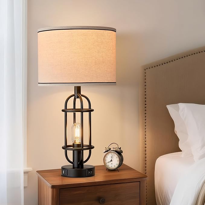 Black Table Lamps for Living Room Set of 2, 22.3" Farmhouse Lamps for Nightstand, Industrial Table Lamps for Bedroom with USB Ports, Bulbs Included - Bloomnest