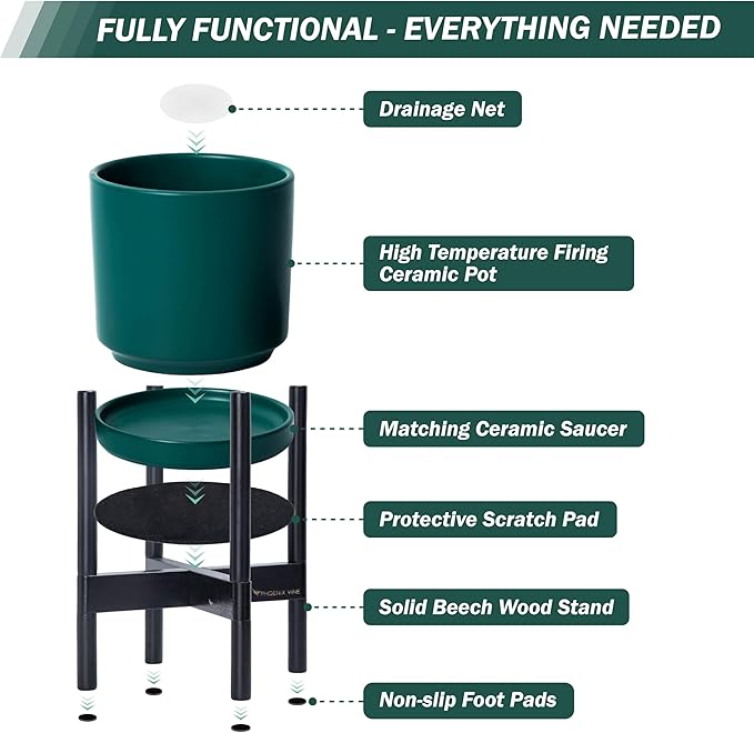 D'vine Dev Ceramic Planter with Ebony Stand - 10 Inch Modern Round Flower Pot with Wood Planter Holder, Teal, 55-B-L-4 - Bloomnest