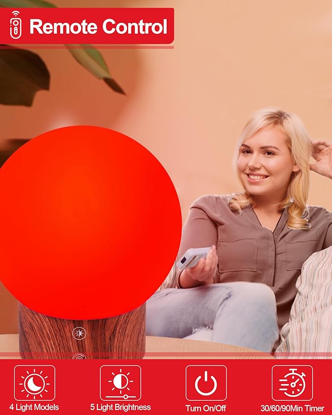 630nm Red Light Therapy Night Light Lamp for Bedroom Sleep Red Moon Nightlight Desk Lamp with 4-Color and 5-Brightness Options 30-120Min Timer Remote Control USB C Charging Elegant Design - Bloomnest