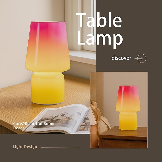 Mushroom Lamp,Mother's Day Gifts,Small Table Lamp,Cute Nightstand Kitchen Mini Lamp,Glass Table Lamp,Suitable for Bedrooms, Kitchens, Living Rooms, Bedside, Girl Gifts（Pink Gradient） - Bloomnest