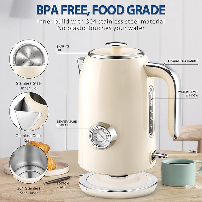 PUKOMC Electric Kettle, 1.7L Stainless Steel Tea Kettle with Temperature Gauge, 1500W Water Boiler with LED Light, BPA-Free, Auto Shut-Off and Boil-Dry Protection (Beige) Visit the Pukomc Store - Bloomnest