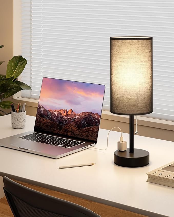 Fenmzee Large Black Bedside Lamps Set of 2-3 Color Temperatures Pull Chain Lamp with AC Outlet Charging Port, Two Round Night Stand Lamps for Bedroom Guest Room Office, Bed Side Light - Bloomnest