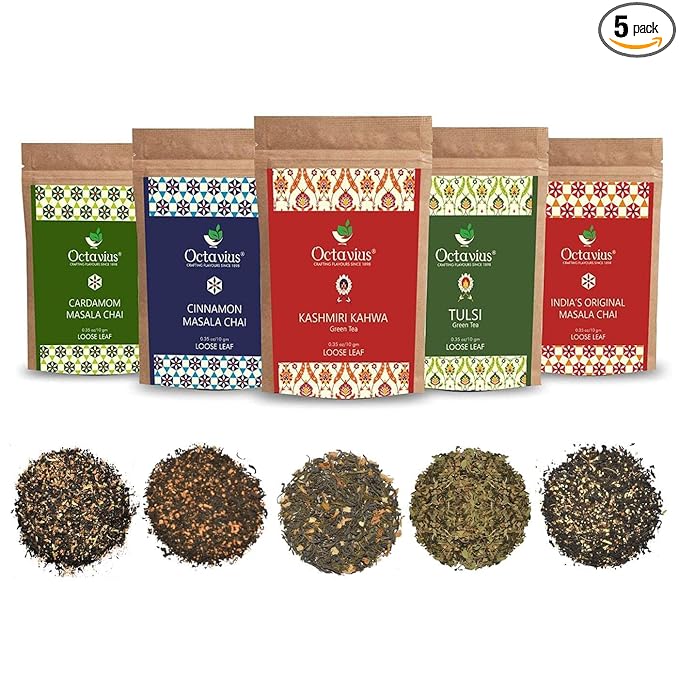 Octavius Assorted 5 Loose Leaf Tea Samplers | Indian Masala, Cardamom, Cinnamon, Kashmiri Kahwa, Tulsi Green Tea | Perfect For tea & Green Lovers | 25 cups (5 packs of 10gm each) | Mothers Day Gift - Bloomnest