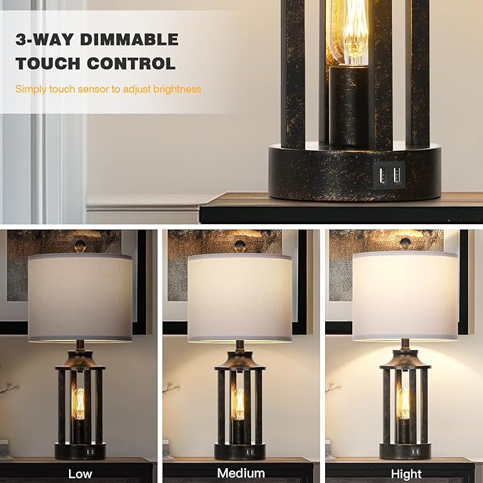 Farmhouse Table Lamps Set of 2, Vintage Living Room Lamps with 2 USB Ports, 3 Way Dimmable Touch Control Bedroom Lamp with 2 LED Nightlight, 23.5" Bedside Lamp for Nightstand Side End Table, Bronze - Bloomnest