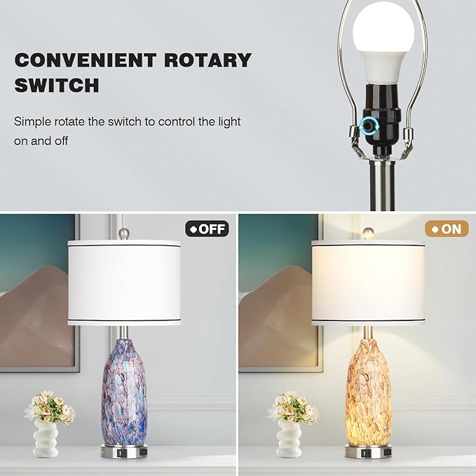 26" Coastal Glass Table Lamps Set of 2 for Living Room, 3 Way Touch Bedside Lamp for Bedroom, Nautical Beachy Lamp with USB A+C Ports and AC Outlet for Nightstand, 2 LED Bulbs Included - Bloomnest