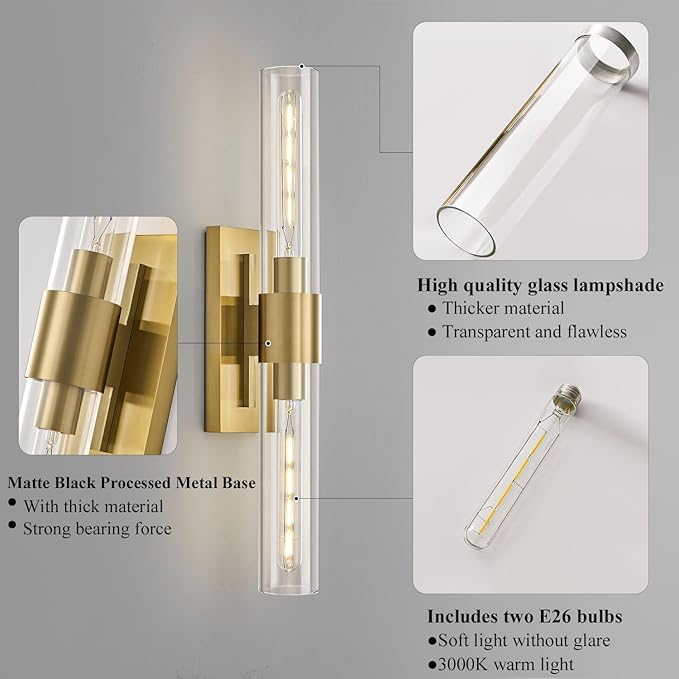 Gold Bathroom Vanity Lights Over Mirror,Modern Wall Light Fixture Sconce with Clear Glass for Bedroom,Bathroom,Hallway. - Bloomnest