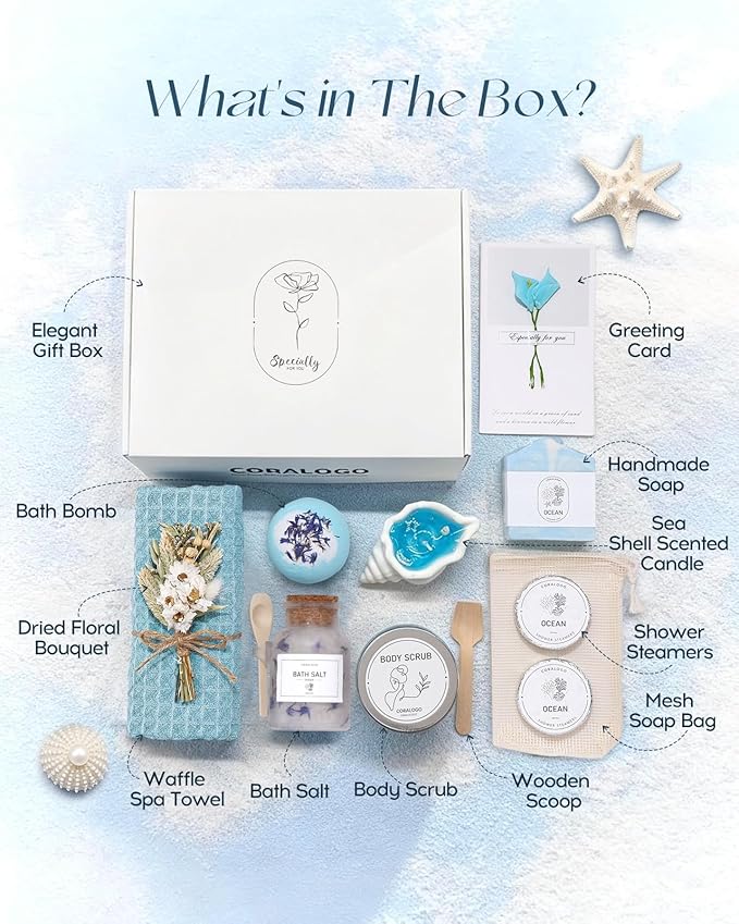 Coralogo Ocean Spa Gifts for Women - 11pc Self-care Spa Gift Basket with Scented Candle, Bath Salt, Greeting Card - Thinking of You Basket for Her Birthday, Christmas, Mother's Day, Valentine's Day - Bloomnest