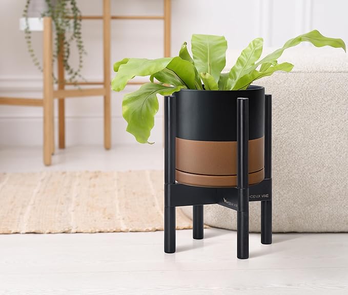 D'vine Dev Ceramic Planter with Ebony Stand - 8 Inch Modern Round Flower Pot with Wood Planter Holder, Black/Speckled Tan, 55-B-M-7 - Bloomnest