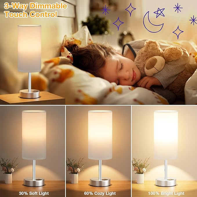 Dicoool White Touch Bedside Lamp with USB - 3 Way Dimmable Table Lamp for Bedroom, Nightstand Lamp with Nickel Charging Station and Silver LampHolder for Dorm Kids Room, Small - Bloomnest