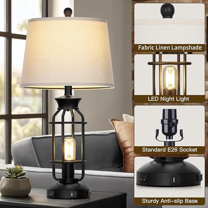 28" Vintage Table Lamps with USB C+A Ports & AC Outlet, Industrial Farmhouse Table Lamp Set of 2, Black Modern Nightstand Beside Lamps with 2 Night Light for Living Room Bedroom(4 LED Bulbs Included) - Bloomnest