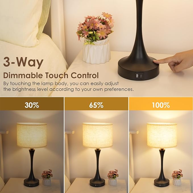 GGOYING 22” Set of 2 Touch Control Table Lamp with USB A+C Ports, 3-Level Dimmable Bedside Lamp with Fabric Lampshade, 3000K LED Bulbs, Nightstand Lamp for Bedroom Livingroom Office, Black - Bloomnest