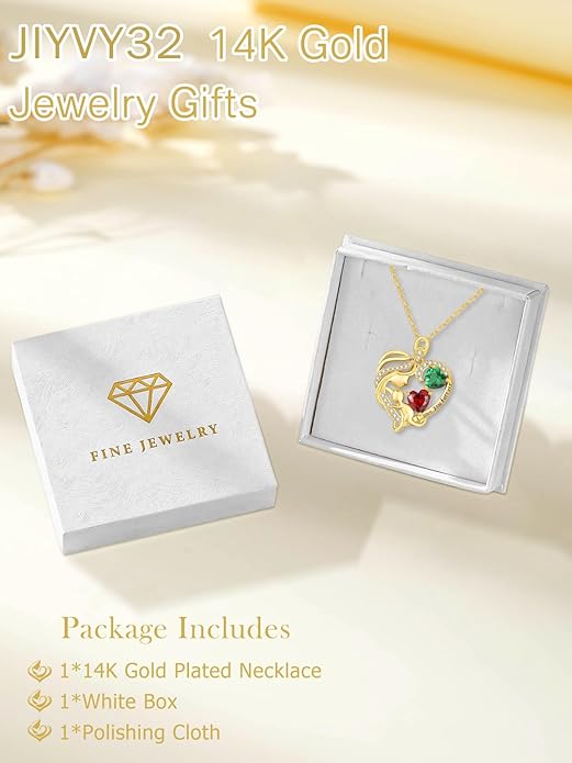 14K Gold Double Birthstone Heart Necklace for Women Mom, Mother Son/Daughter Pendant Necklace for Christmas Mother's Day Birthday Gifts for Wife Daughter Grandmom - Bloomnest