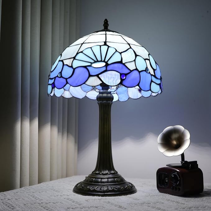 Blue Sea Style Stained Glass Table Lamps Shell Tiffany Lamp Bedroom Bedside Living Room Aesthetic Vintage Accent Farmhouse Night Light for End Table Office Nightstand End Table Desk Reding 12X19 Inch - Bloomnest
