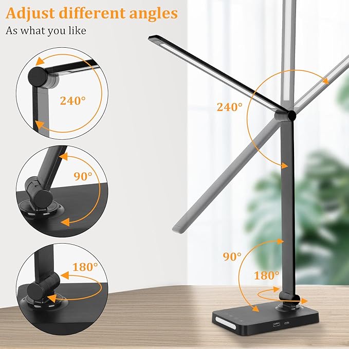 LED Desk Lamp with USB Ports,Touch Desk Lamps for Home Office with 5 Color Modes,3 Brightness Desk Light with Small Night Light,Reading Lamp Table Lamp for Bedroom Bedside Study Black （with adapter） - Bloomnest