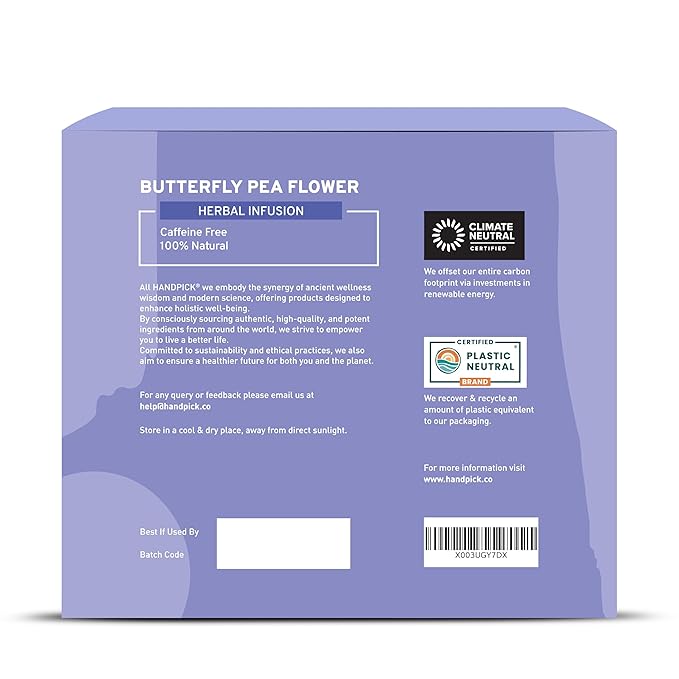 HANDPICK, Butterfly Pea Flower Tea (100 Herbal Tea Bags) | Caffeine Free, Non GMO | Premium Dried Butterfly Pea Flowers For Blue & Purple Drinks, Food Coloring | Iced Teas, Coolers, Cocktails - Bloomnest