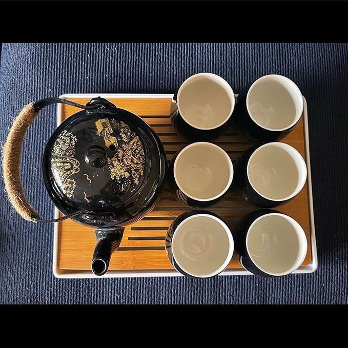 Japanese Tea Set for Adults - Elegant Golden Countryside Theme with Teapot, 6 Cups & Tea Tray, Stainless Steel Infuser - Traditional Asian Gift for Women Men, Housewarming, Wedding - Bloomnest