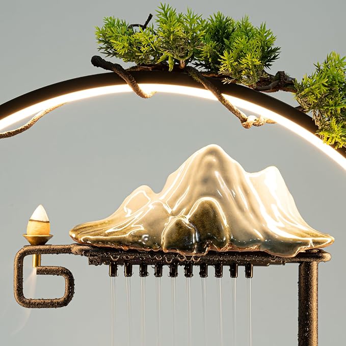 Modern Zen Desktop Water Fountain with Ceramic Deer & Pine Tree, Wooden Base Indoor Tabletop Fountain Waterfall with LED Light for Meditation, Office Desk Decor and Relaxation - Bloomnest