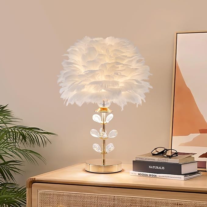 Chic White Feather Lamp Creative Fluffy Table Lamp Cute Kids Bedside Lamp Modern Feather Desk Light for Teen Girls Bedroom Living Room Entryway Study Room Wedding Deco - Bloomnest