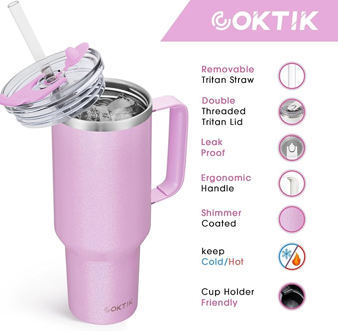 COKTIK 40 oz Tumbler With Handle and Straw Lid, Vacuum Insulated Travel Coffee Mug Stainless Steel Insulated Cup for Beverages, Leak-proof, Cupholder Friendly (Lavender Shimmer) - Bloomnest