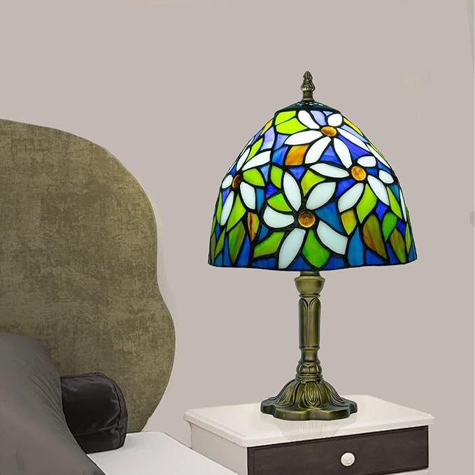 Small Stained Glass Lamp,8 Inch White Flower Tiffany Style Table Lamp for Bedside, Living Room - Bloomnest