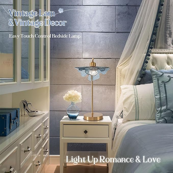 Gold Table lamp Touch Table lamp with Blue Glass Flower Shade Mid Century Modern Lamps Bedside nightstand lamp Side Table Lamps Small Table lamp for Bedroom Living Room Office Farmhouse - Bloomnest