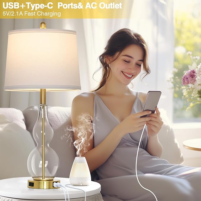 27.5" Clear Glass Table Lamp Set of 2,3-Way Dimmable Touch Control Bedside Lamps with USB Ports and AC Outlet, Modern Nightstand Lamps Gold lamp for Bedroom Living Room - Bloomnest