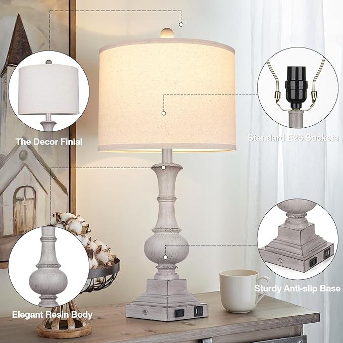 26" Farmhouse Lamp with 2 USB Ports & AC Outlet, Vintage Rustic Touch Control Bedside Lamp, Resin 3-Way Dimmable Nightstand Lamp Fabric Shade for Living Room Bedroom Decor Gray(LED Bulb Included) - Bloomnest
