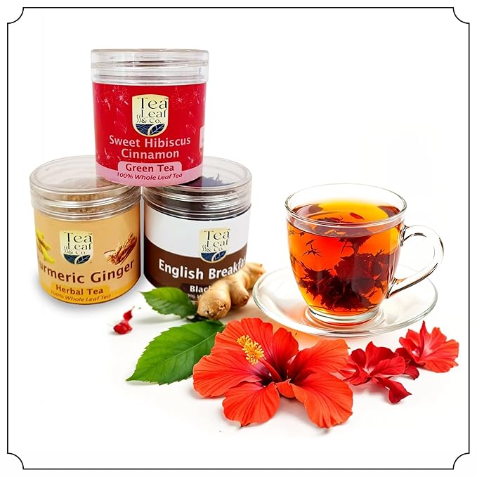 Tea Leaf & Co. Joyful 3 Pack Premium Tea Git Combo Box - Contains Sweet Hibiscus, English Breakfast Black & Turmeric Ginger Herbal Teas - Perfect for Premium Gifting (3Oz) - Bloomnest