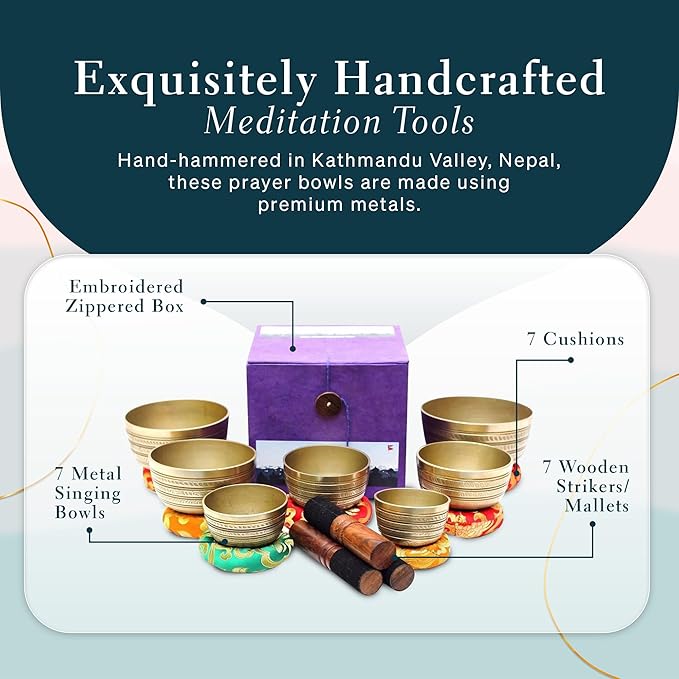 Tibetan Singing Bowl Set of 7, Handmade Singing Bowl for Meditation & Holistic Healing, Yoga Accessories, 3-5” Multicolored Singing Bowls with Wooden Striker, Cushion & Red Carry Box - Bloomnest