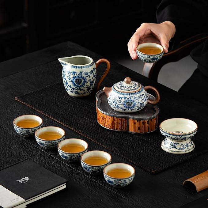 Chinese Tea Pot Sets,10 Pcs Portable Ceramic Cup for Tea, White And Blue Tea Kettle Set,Including 1 Teapot, 1 Tea Strainer, 7 Tea Cups, Asian Tea Sets For Adult,Home,gifing,Tea Lover And Office - Bloomnest