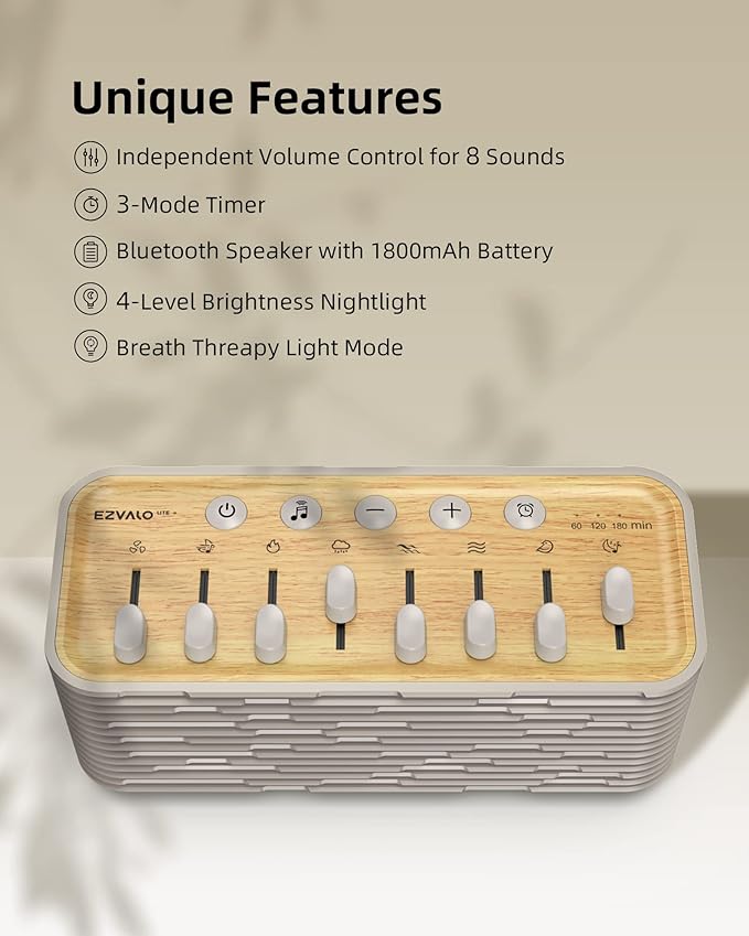 EZVALO White Noise Sleep Sound Machine, 255+ Mixer Options with Portable Speaker, Night Light, Sleep Timer, Breath Therapy, White Noise Machine for Adults Sleeping Meditation with Light - Bloomnest