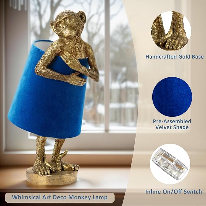 Crestview Collection Monkey Table Lamp – Gold Resin Animal Lamp, Retro Rustic Art Deco Farmhouse Desk Lamp with Blue Velvet Shade for Bedroom, Living Room, Bedside, Nightstand or Small Space - Bloomnest