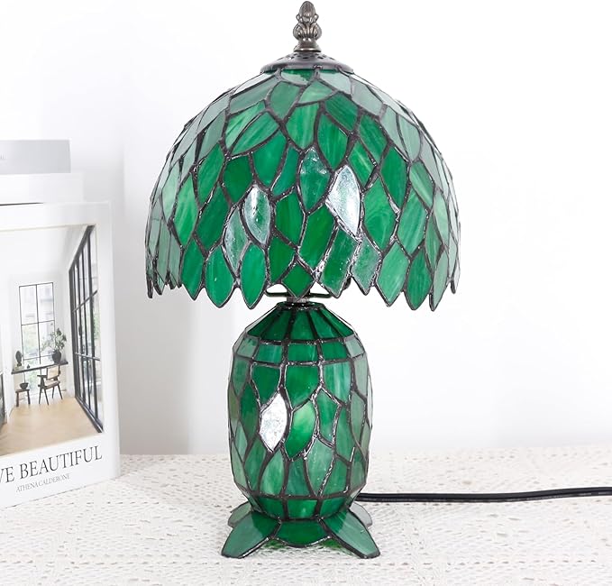 Small Tiffany Lamp Stained Glass Table Lamp Mini Mother Daughter Vase Desk Accent Night Light for Bedroom Bedside Reading Home Antique Style 8X14 Inches (Green Wisteria) - Bloomnest