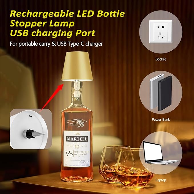 2025 New Wireless Bottle Lamp - LED Bottle Lights for Liquor & Wine Bottles, Cordless Lampshade, Whiskey Bottle Top Light, Bottle Stopper Night Light Kit, Rechargeable 3-Tone Touch-Dimmable - Bloomnest