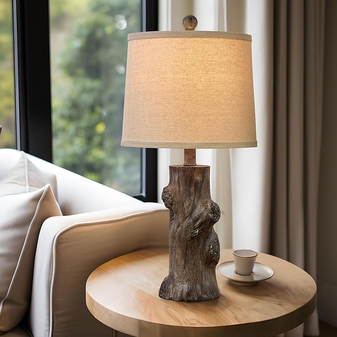 OYEARS 23"Resin Table Lamps for Living Room Set of 2 Country Cottage Farmhouse Lamp for Bedroom Tree Trunk Wood Grain with Oatmeal Fabric Round Shade Vintage Rustic Traditional Nightstand Bedside Lamp - Bloomnest