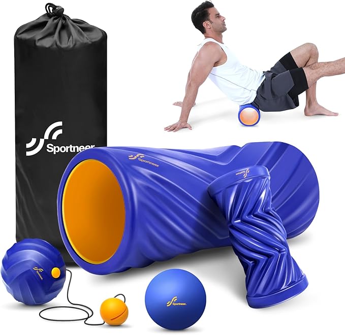 Sportneer 4 in 1 Foam Roller Set: Dual Textures Foam Roller, Foot Roller, Lacrosse Ball, Traction Massage Ball with String, Deep Massage Roller for Whole Body Release, Physical Therapy