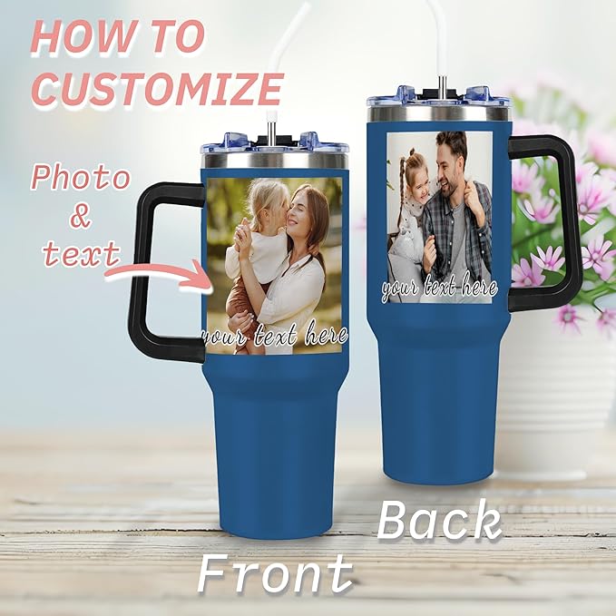 Personalized Tumbler with Handle and Straw Lid, Custom 40oz Tumblers with Picture, Logo, Text, Customized Stainless Steel Travel Coffee Cup for Women Men, Gifts for Birthday Christmas Anniversary - Bloomnest