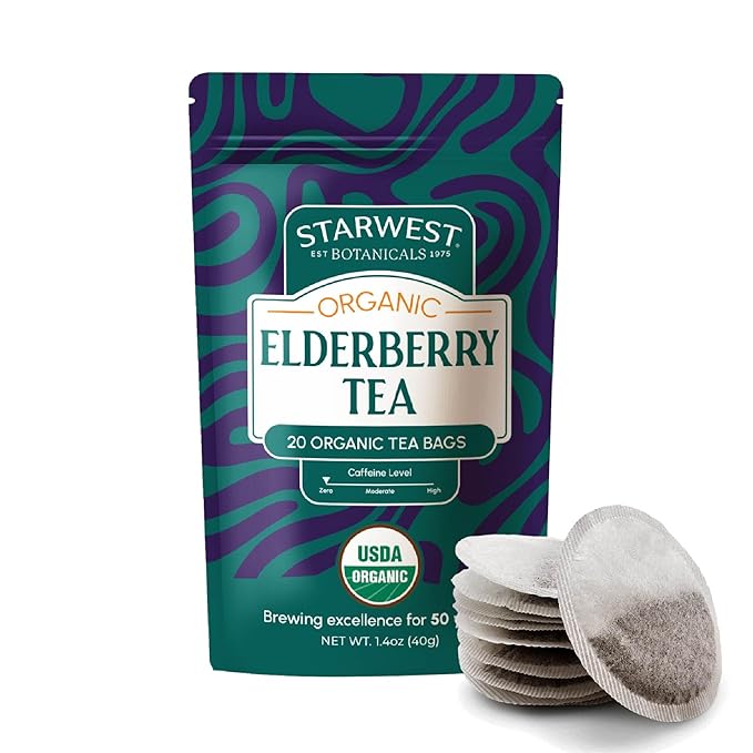 Starwest Botanicals Organic Elderberry Tea - Caffeine Free Herbal Tea Blend, Immune System Support, String Free Sachets, USDA Organic Elderberries & Elder Flower, Non GMO - 20 Tea Bags - Bloomnest