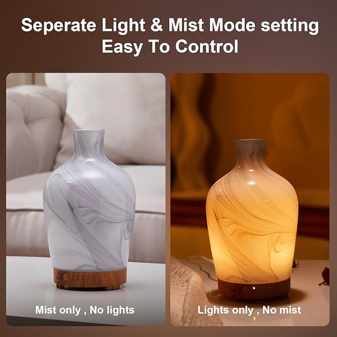 Classical Vase Art Glass Aromatherapy Diffuser 160ml ultrasonic Cool Mist Scent Aroma Essential Oil Diffu er Humidifier with Intermittent Mist & LED 7 Colorful Changing Night Light for Bedroom - Bloomnest