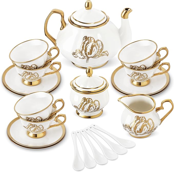 fanquare 21 Pieces British Porcelain Tea Set, Gold Tulip Tea Service for Afternoon Tea Party, 6 Teacup and Saucers for Coffee Home Wedding Birthday - Bloomnest