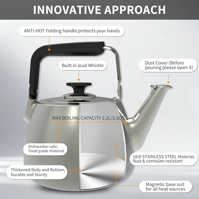 Tea Kettle, Whistling Stovetop Tea Kettle, Large Capacity Teapot Suits for All Heat Source, Professional Fast Heat Technique Teapot with Thick Body and Bottom, Durable and Sturdy Tea Pot - Bloomnest