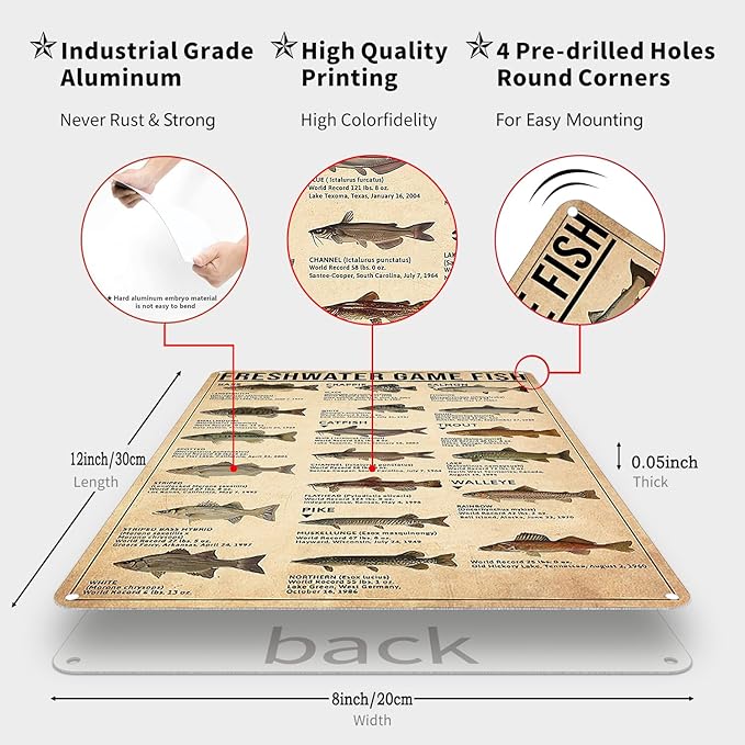 Boy's Fishing Gifts Vintage Fresh Water Gamefish Knowledge Tin Sign for Man Cave Boys Hunting Room Bedroom Lake House Cabin Wall Art Decor 8x12 Inch (3069) - Bloomnest
