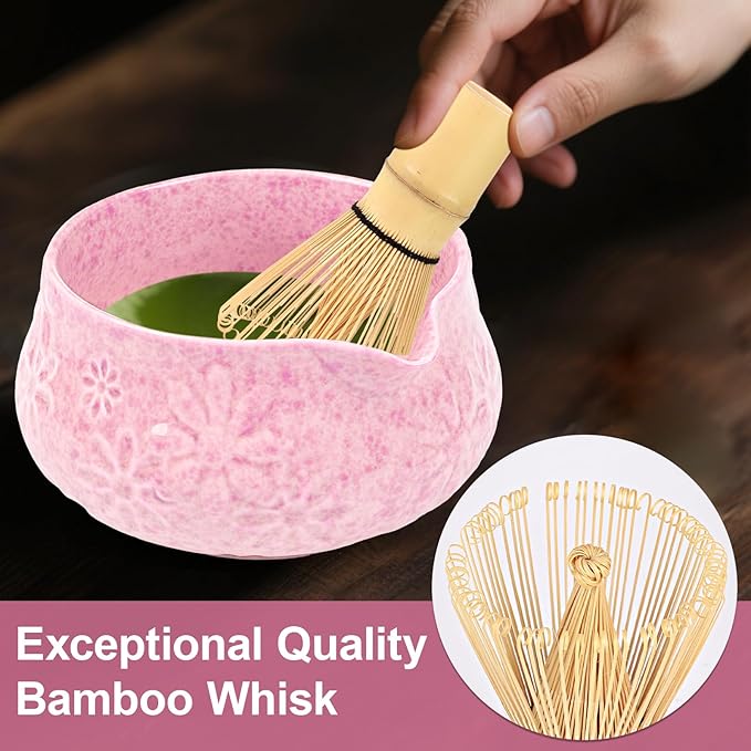 Matcha Whisk Set, 7 Pcs Matcha Kit Includes Matcha Bowl, Whisk and Holder, Bamboo Scoop, Scoop Rest, Sifter and Tea Towel, Gift for Matcha Lover (Pink) - Bloomnest