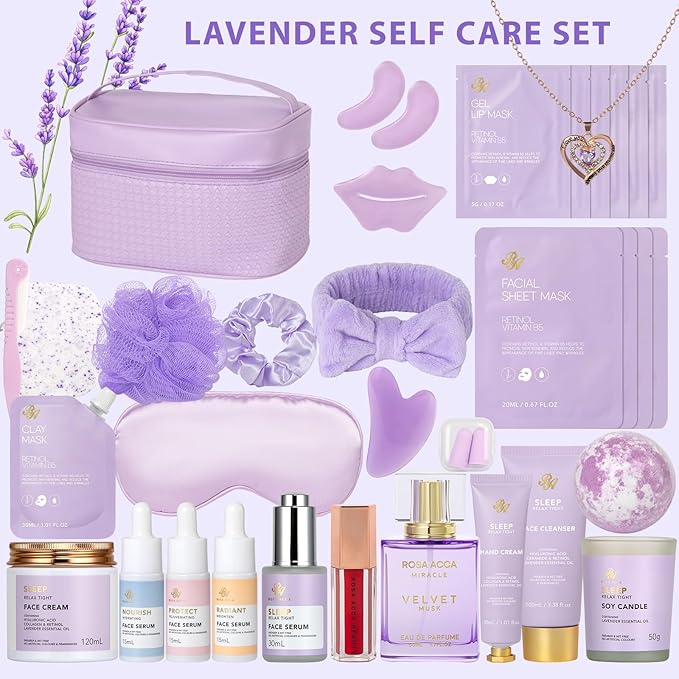 33 pcs Valentines Day Gifts for Women, Lavender Spa Bath & Body Gift Set, Face Sheet Mask Skin Care, Hydrogel Mask, Lip Gloss, Cosmetic Bag, Serum, Necklace, Cleanser, Gua Sha, Mother Day, Birthday - Bloomnest