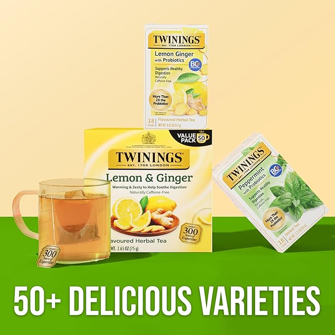 Twinings Superblends Probiotics+ Lemon & Ginger Flavoured Herbal Tea with Turmeric, Caffeine-Free, 18 Count (Pack of 2), Enjoy Hot or Iced, 18 Teabags - Bloomnest