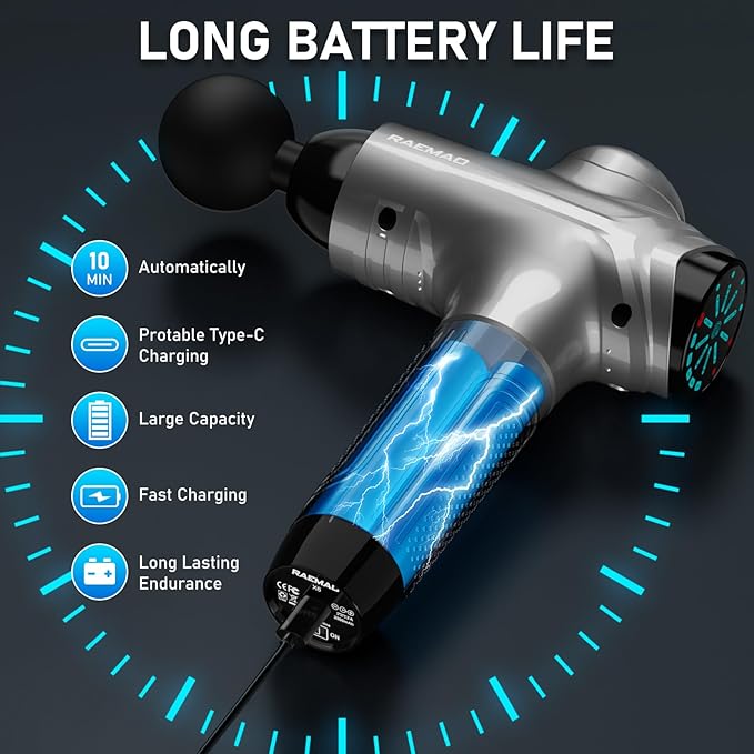 RAEMAO Massage Gun, Massage Gun Deep Tissue, Back Massage Gun for Athletes for Pain Relief Attaching 10 PCS Replacement Heads, Percussion Massager with 10 Speeds & LED Screen, Grey - Bloomnest