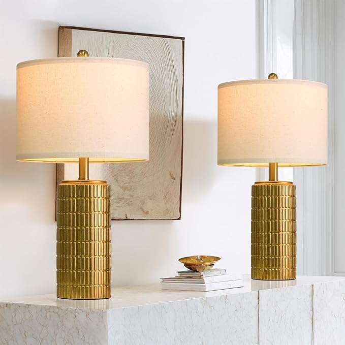 PoKat 23" Brass Gold Ceramic Table Lamps for Living Room, Retro Warm Gold Lamps for Night Stands, Vintage Bronze Decorative Lamps for Bedroom, Antique Gold Brown Nightstand Lamps for Home Decor - Bloomnest