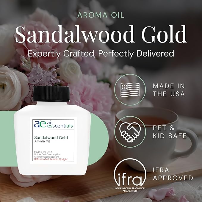 Sandalwood Gold Aroma Oil, Essential Oils Blend for Diffusers & Scent Machines, Sweet Afternoon Tea, Vanilla & Rose, Aromatherapy, Cold Air Diffuser Compatible, 100 mL - Bloomnest